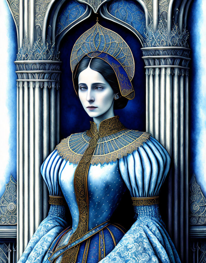 Regal woman in blue and gold dress before gothic archway