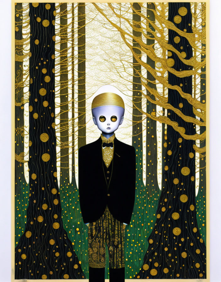 Figure with Pale Face in Dark Suit Against Golden Forest Backdrop