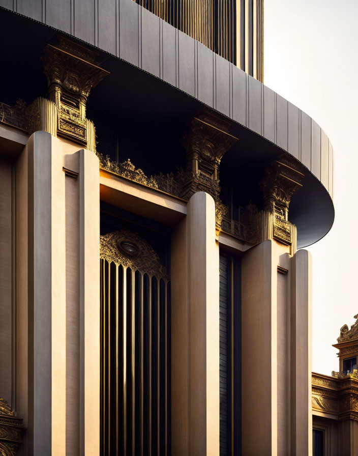 Building with ornate golden capitals and sleek columns under a dark overhang