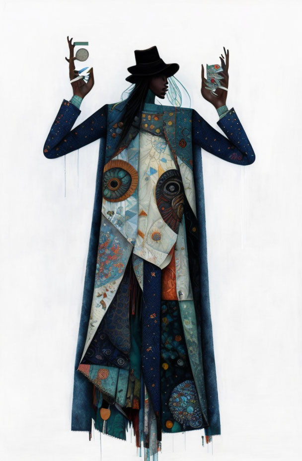 Illustration of person in patchwork coat with mystical symbols and eye cards