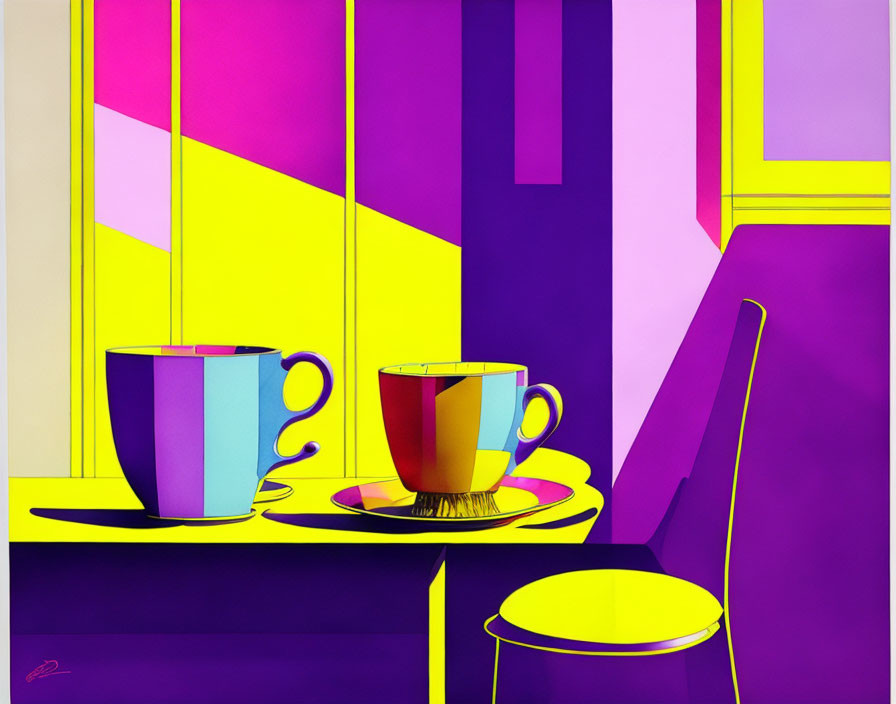 Vibrant Artwork: Cups, Chair, Yellow & Purple Geometric Background