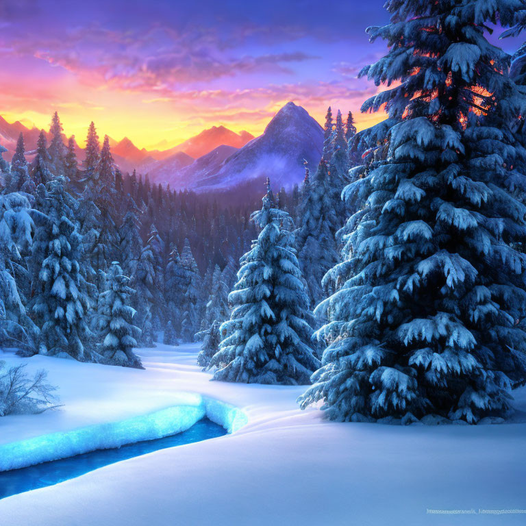 Snow-covered trees, frozen river, purple mountains in winter sunset.