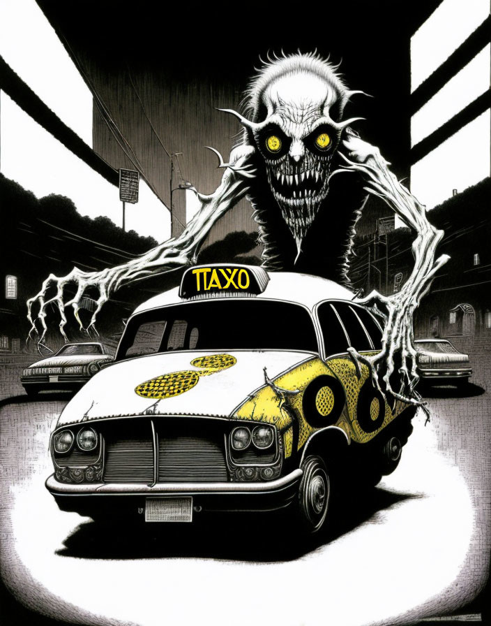 Skeletal figure behind yellow taxi in dark cityscape