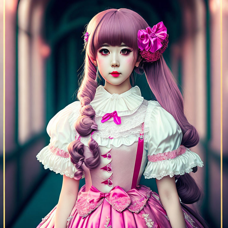 Elaborate Lolita fashion with pink dress and bow on lattice background