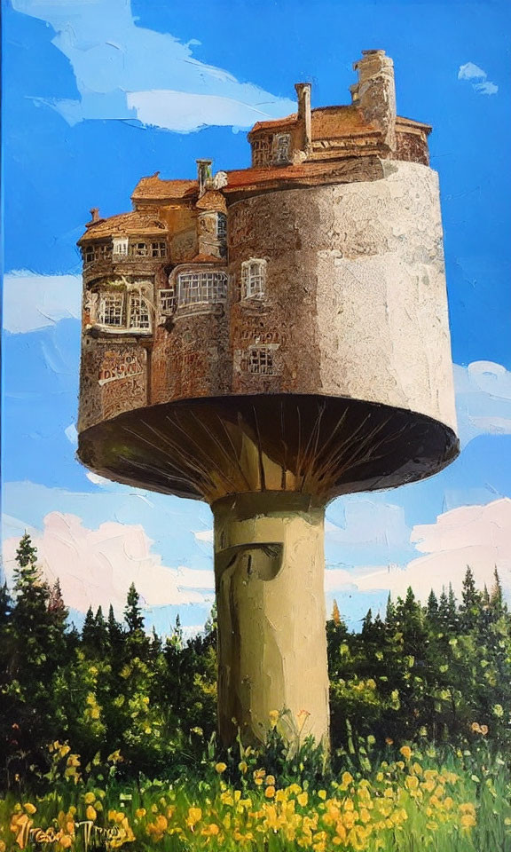 Whimsical painting of multi-story house on mushroom stalk