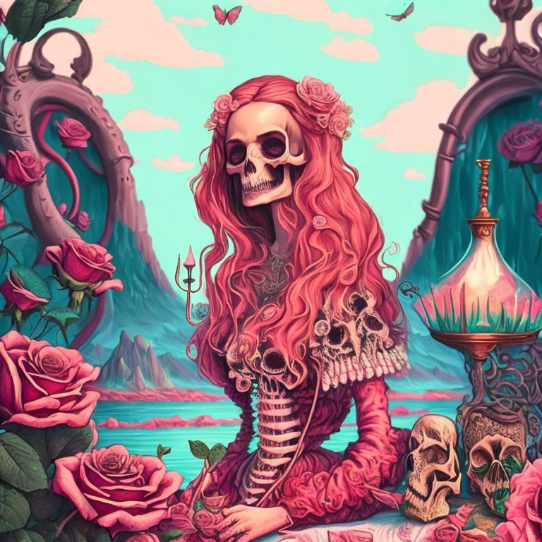 Colorful Skeleton Illustration with Floral Adornments in Fantasy Setting