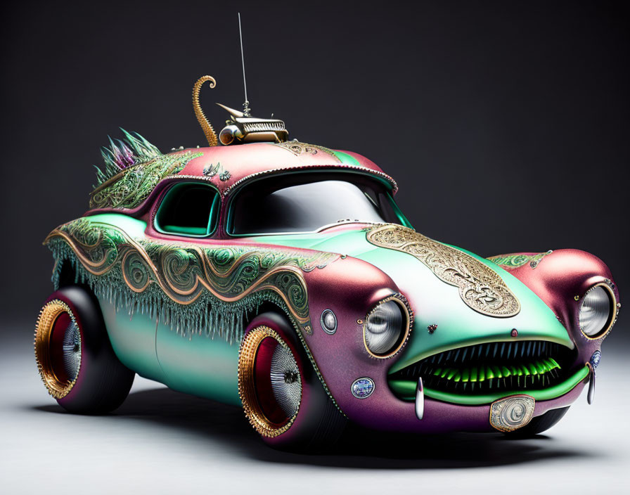 Stylized car with custom paintwork and ornamental details.