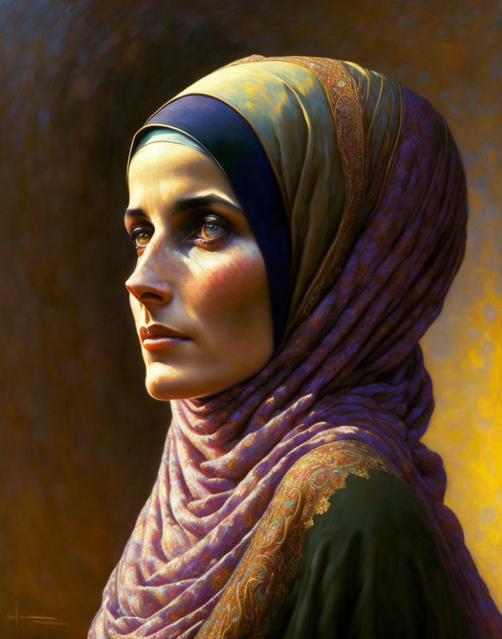 Somber woman in headscarf gazes into distance on golden background