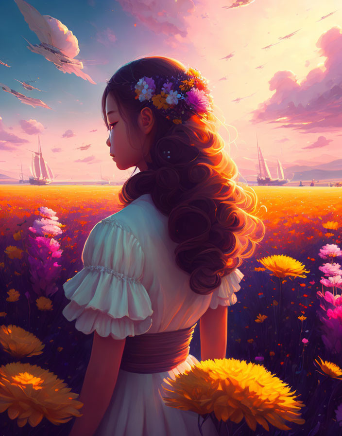 Girl wearing floral crown in flower field at sunset with sailing ships