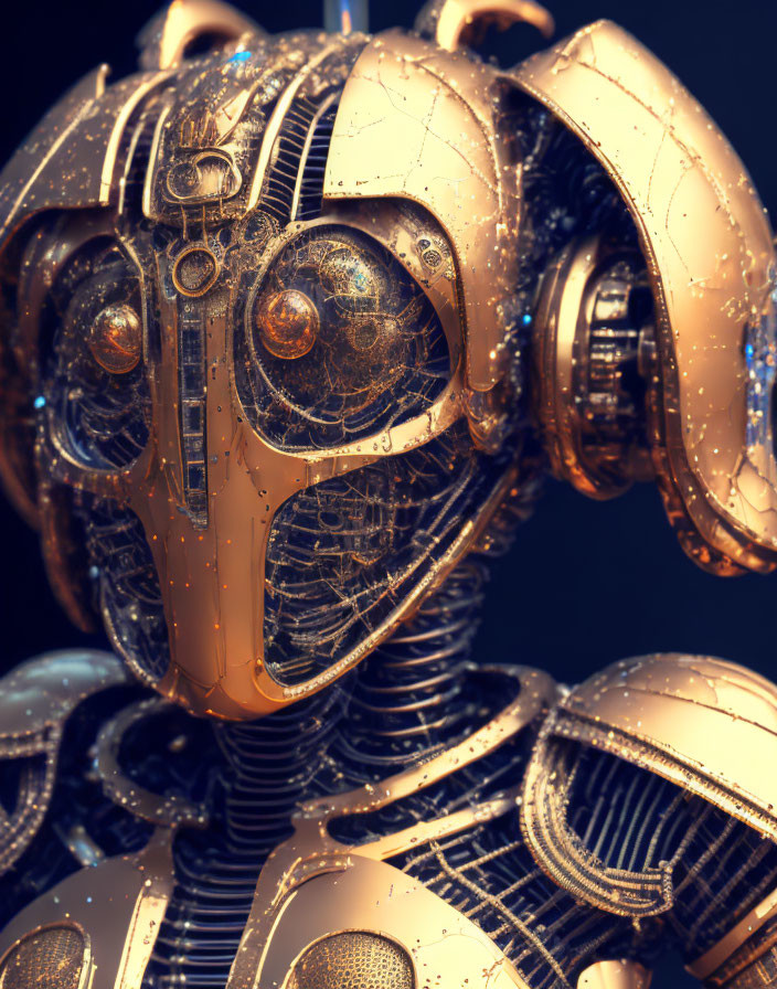 Highly detailed robotic figure with gold and silver metallic sheen