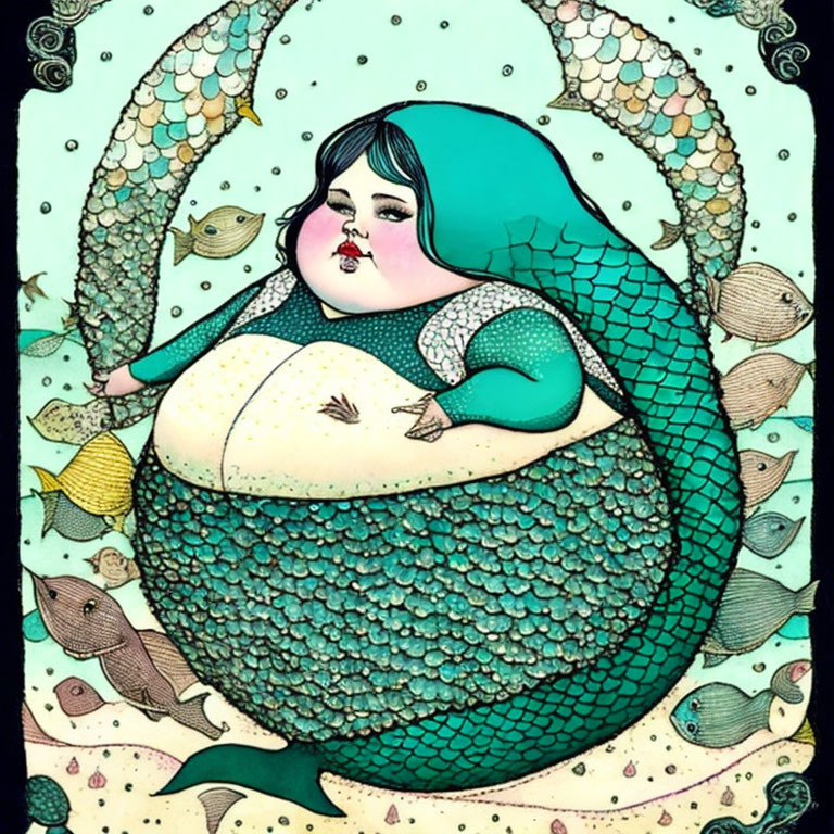 Mermaid illustration with round figure, green tail, surrounded by fish, detailed scales, whimsical underwater