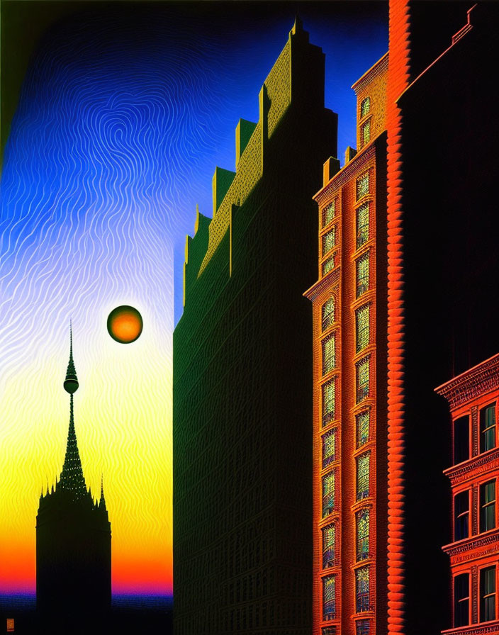 Vivid Surrealist Painting: Exaggerated Buildings & Swirling Sunset Sky