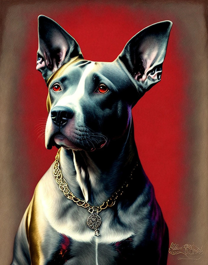 Great Dane portrait with shiny coat and gold chain on red background