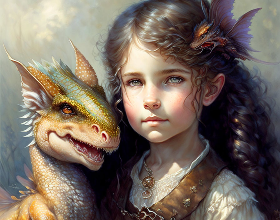 Curly-haired girl gazes at smiling dragon with winged creature on shoulder