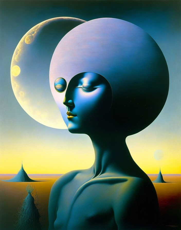 Surreal painting of blue female figure with moon halo in desert landscape