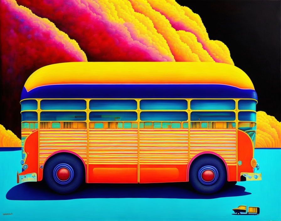 Colorful painting: Stylized bus against surreal pink and yellow clouds