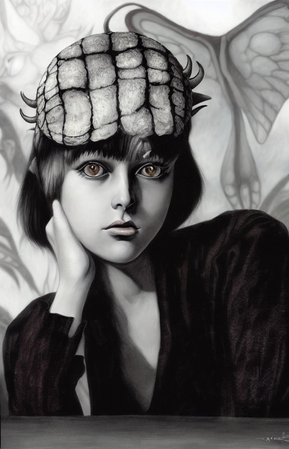 Monochrome image of person with turtle shell, butterfly wings, and captivating eyes