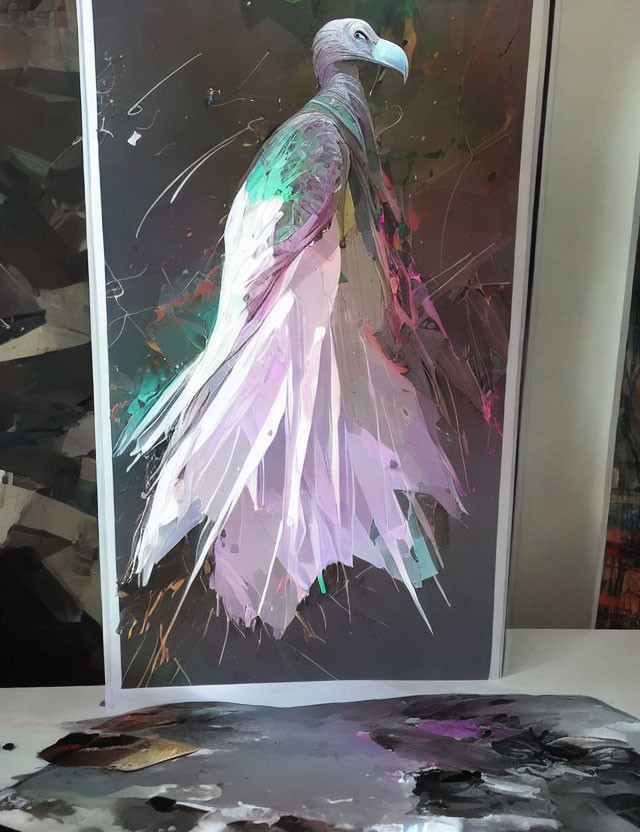 Vibrant pigeon painting on easel with textured plumage and paint palette