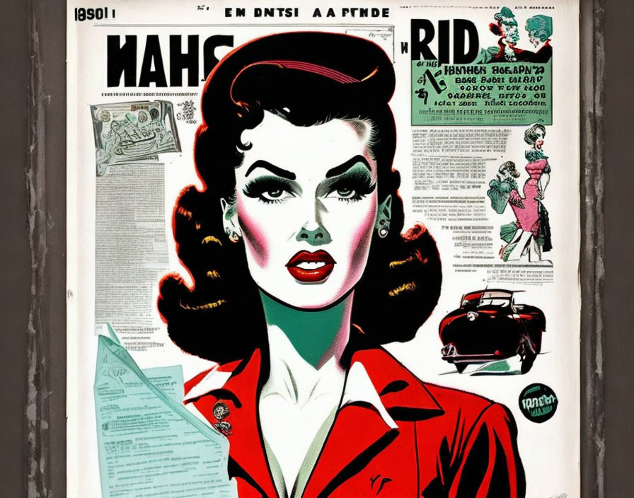 Vintage Comic-Style Illustration of Female Character with Red Lipstick