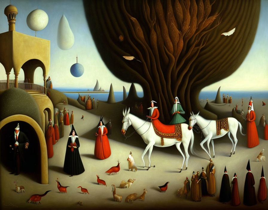 Surreal painting: Stylized figures on horseback in desert landscape