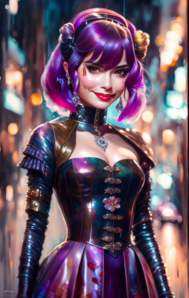 Futuristic digital artwork of woman with purple hair and floral corset against city lights.