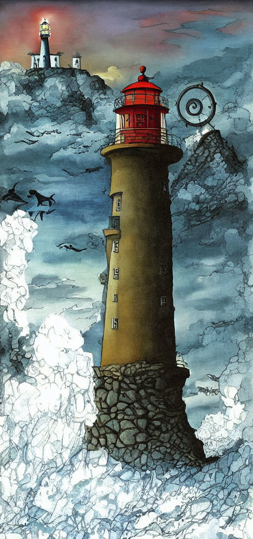 Stone lighthouse with red lantern on cliff under stormy sky