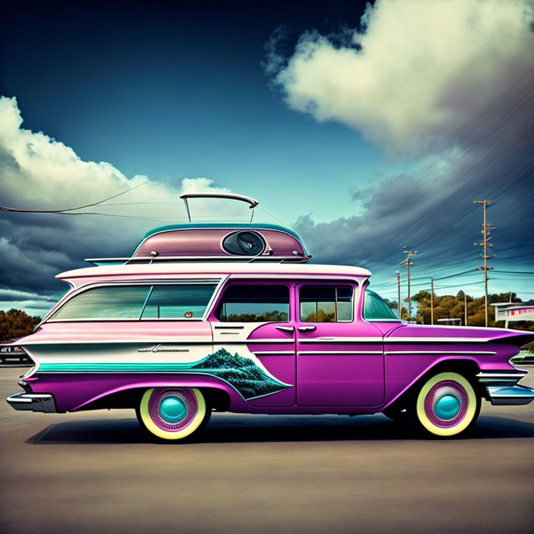 Purple and White Station Wagon with Surfboard in Stylized Illustration