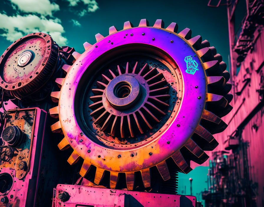 Color-enhanced image of large mechanical gears and machinery in a sci-fi setting against a teal sky