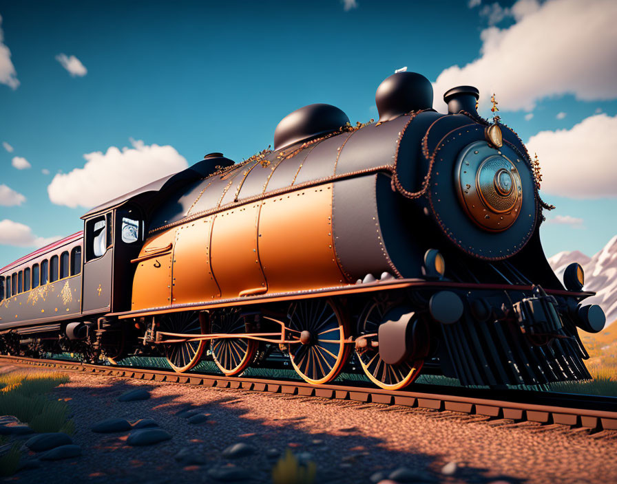 Shiny vintage steam locomotive in orange-black with golden accents on rails in scenic landscape