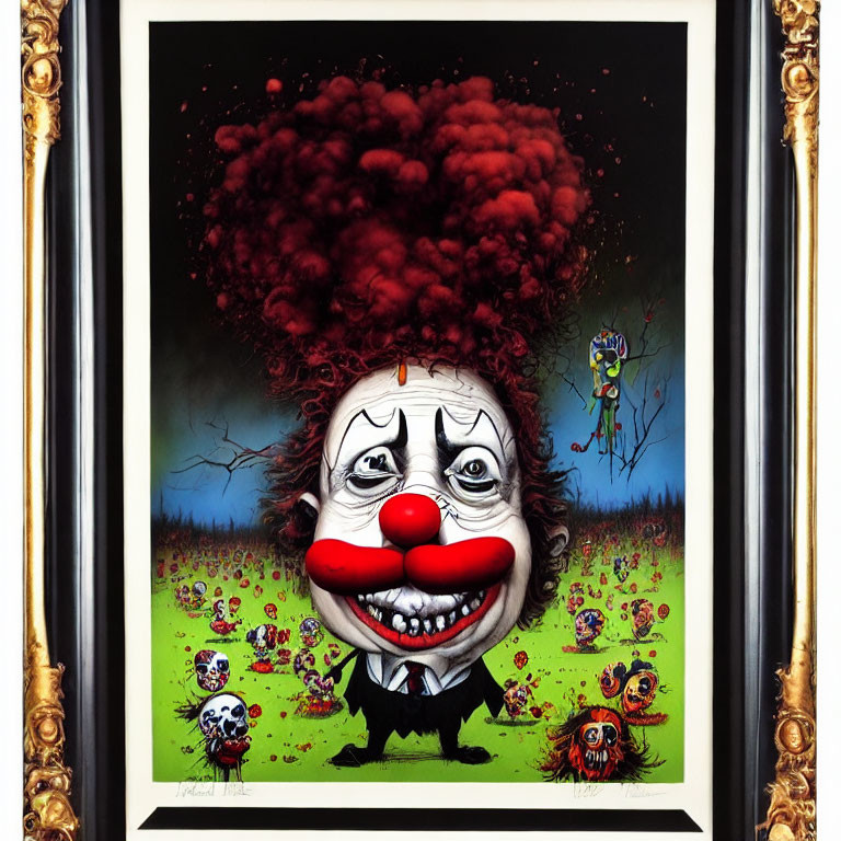 Surreal framed artwork: Clown caricature in colorful, macabre setting