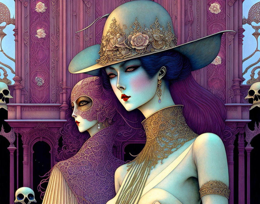 Illustrated portrait of woman with indigo hair, intricate hat, lace collar, gothic backdrop,