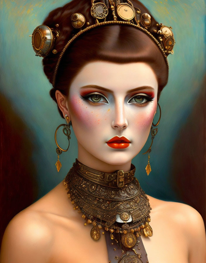 Elaborate steampunk woman with bronze jewelry on blue background