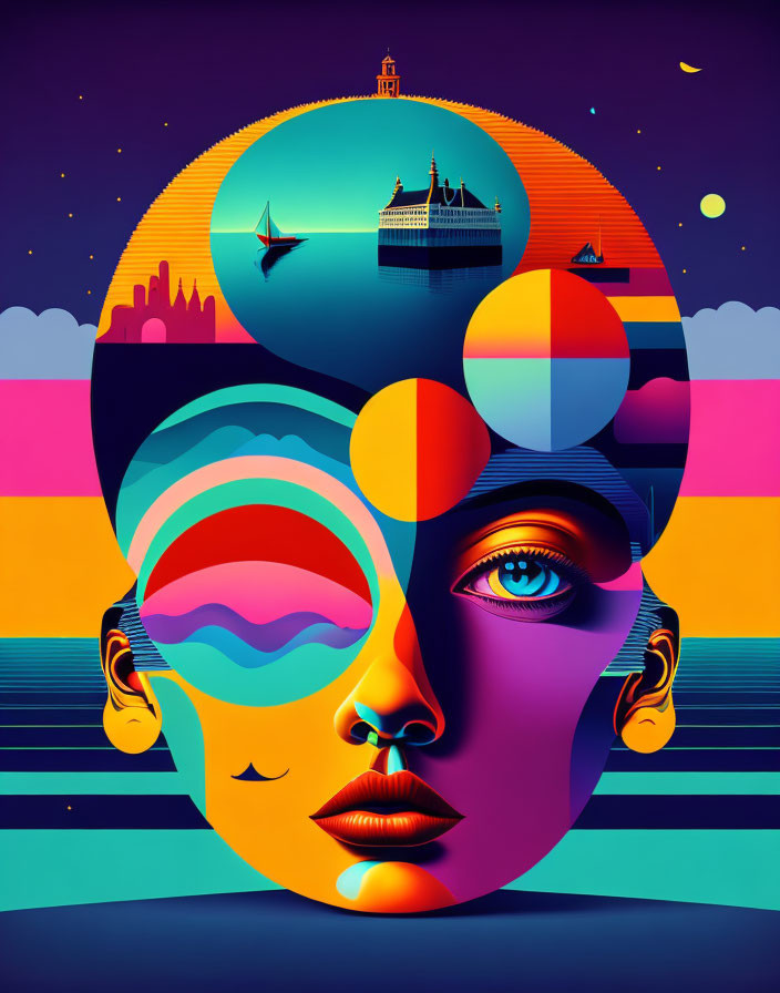 Colorful digital artwork: Stylized face with buildings and ship on sunset background