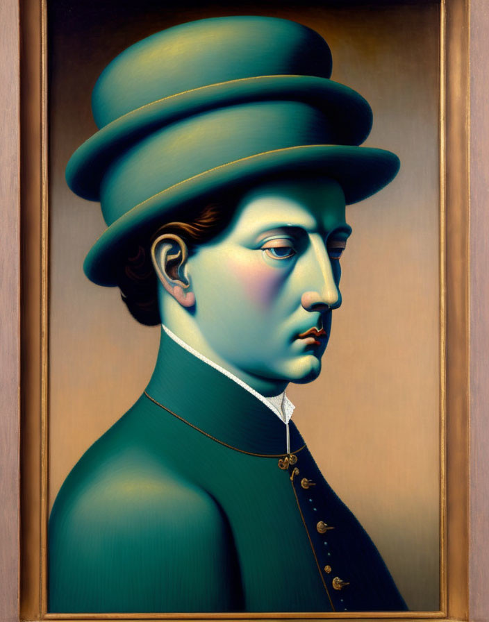 Person with Multiple Facial Features and Stacked Hats in Surrealist Painting