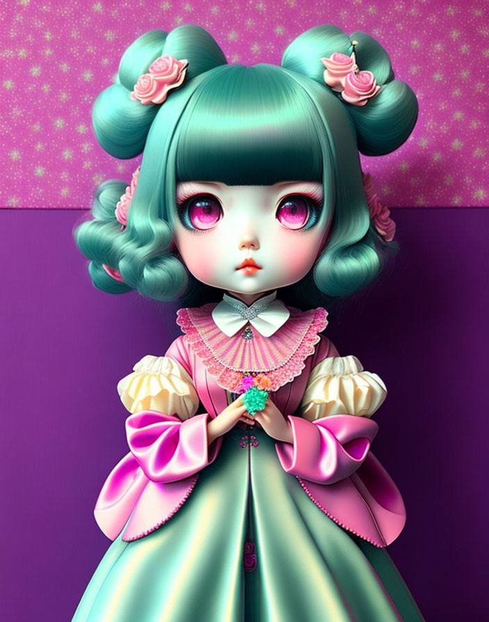 Doll-like character with expressive eyes in pastel dress