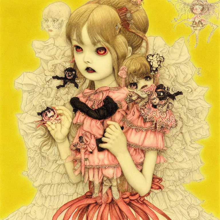 Girl in frilly pink attire with large eyes holding a doll among surreal figures on yellow backdrop