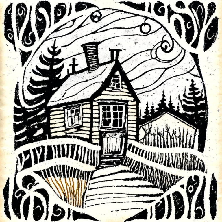 Monochrome linocut of cozy cabin with swirling sky and decorative patterns