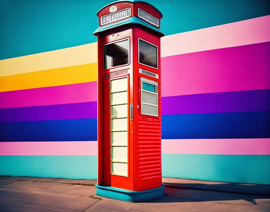 Vintage Red Fuel Pump Against Colorful Striped Wall