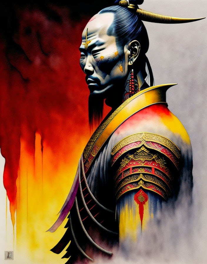 Warrior in Traditional Asian Armor with Fiery Background