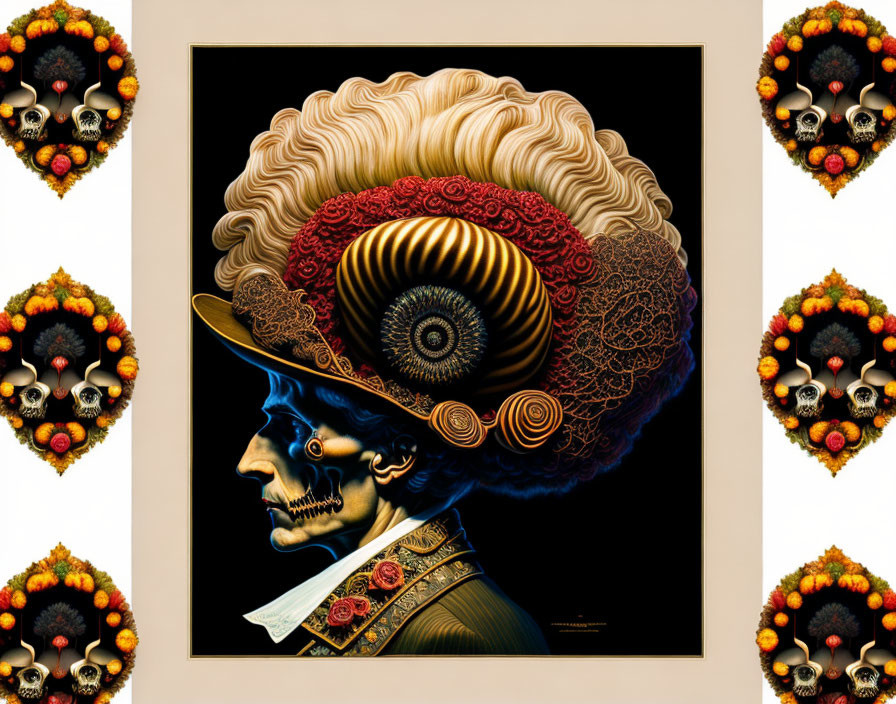 Surrealist portrait with elaborate shell-like headdress on beige background