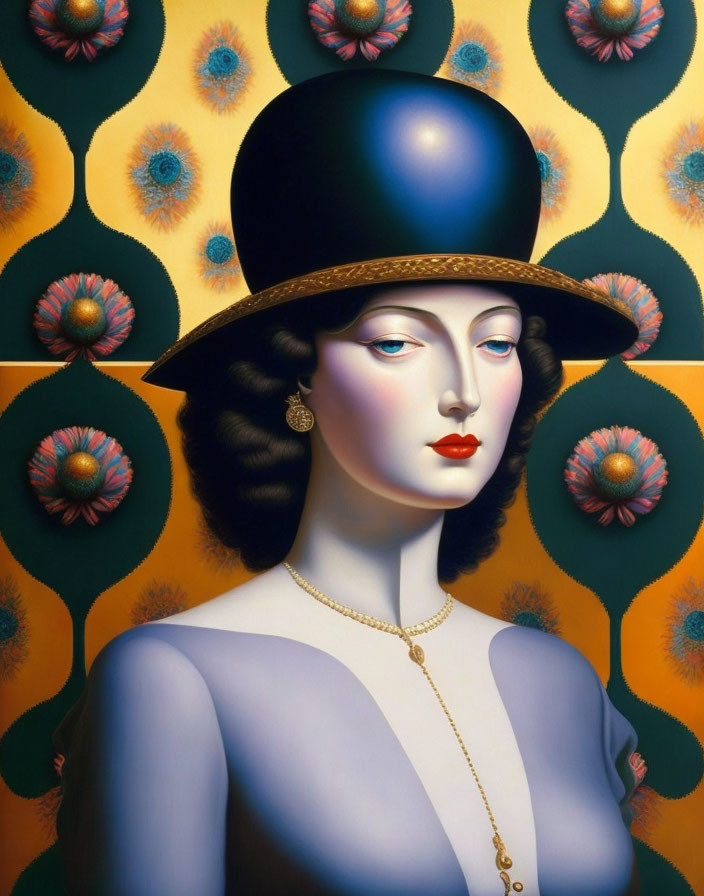 Stylized woman with blue hat and golden necklace on floral background