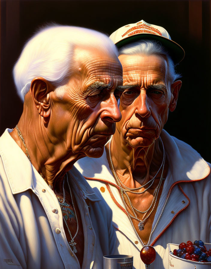 Hyper-realistic painting of elderly identical twin men with cherries.