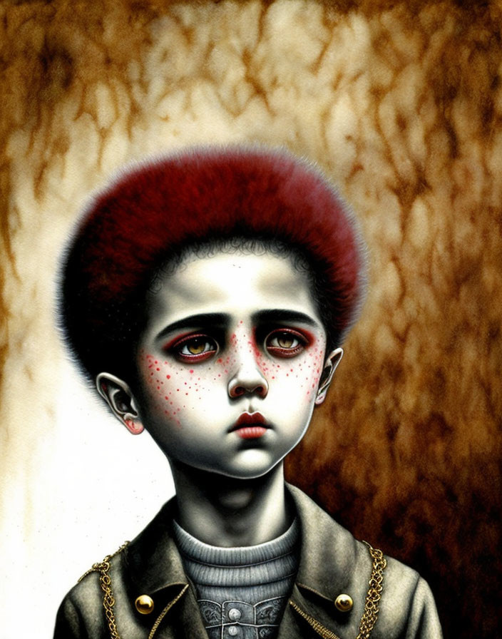 Stylized painting of child with red halo hair, pale skin, red freckles, sad