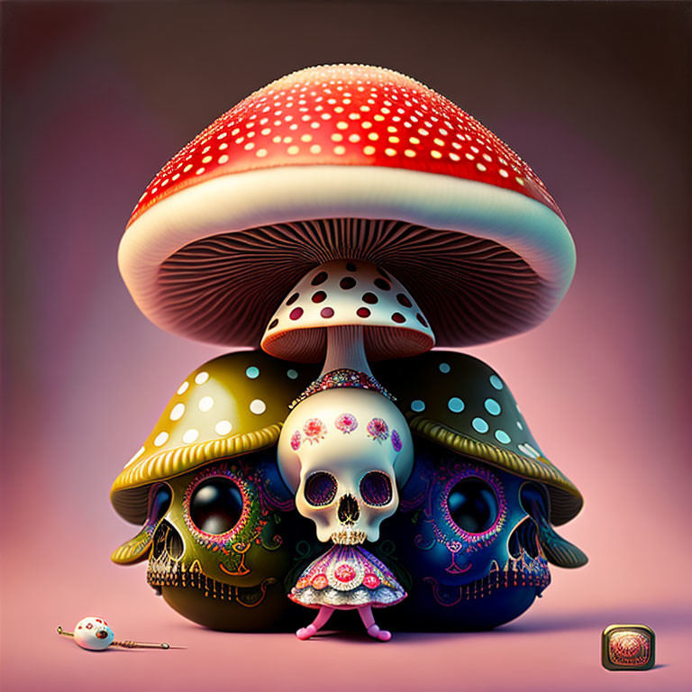 Vibrant digital art: stylized mushroom habitats with decorated skulls and small character.