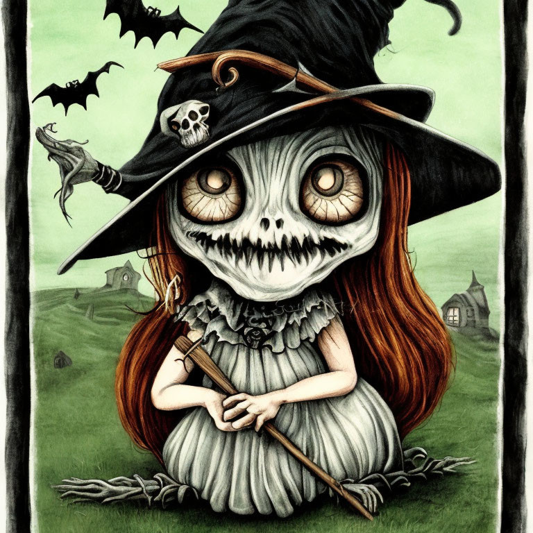 Creepy doll-like character in witch costume with bats and haunted house.