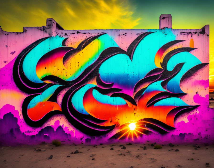 Vibrant graffiti wall art with sunset light and silhouette effect