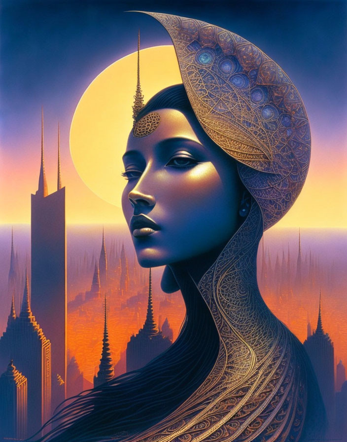 Surreal portrait of woman with crescent moon headdress and futuristic backdrop