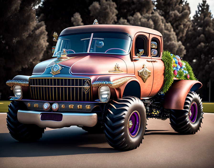 Vintage Bronze Truck with Oversized Tires and Floral Decorations