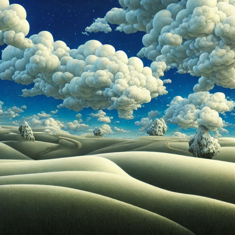 Surreal landscape with rolling hills, fluffy clouds, and scattered boulders