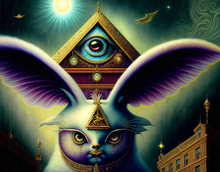 Colorful surreal illustration: Bunny with butterfly wings, all-seeing eye, celestial bodies, and orn